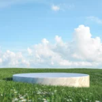 3D rendering marble podium backdrop with grass field sky background
