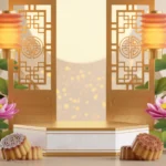 3D rendering podium mid autumn festival holiday new year with lanterns flow