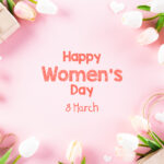 International Women's Day concept. Pink and white tulips with gift