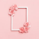 Plain natural Hydrangea flowers, minimal floral style pastel pink blossom arrangement. Flowery frame for festive summer cards or invitations with copy space.