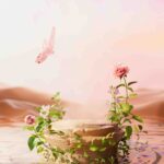 Pink rose bird flying flower pot