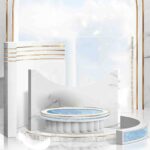 White podium with blue stripes