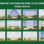 Bục trưng bày sản phẩm giữa đồng cỏ với tường kính phong cách 3d
