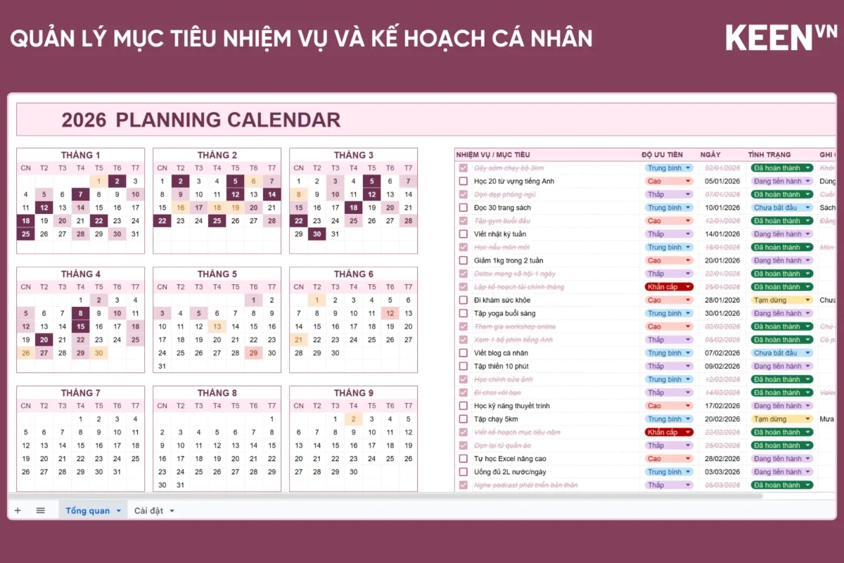 [GS-PLAN-019] Bảng quản lý mục tiêu nhiệm vụ và kế hoạch cá nhân kèm lịch Google Sheet 1